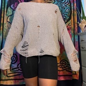 Fashionable Distressed grey knit sweater